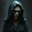 Placeholder: The witch, Lorissa Nightshade, appears as a gaunt, pale woman with hollowed out eyes and wearing tattered and torn robes. Grimdark realistic