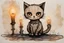 Placeholder: painted and burned burlap, moonlight, cute chibi kitten, styles of Paul Klee Dee Nickerson and Tim Burton, melting watercolor and black ink outlines on wet paper, soft, shading strokes, in candlelight, ethereal, otherwordly, cinematic postprocessing, bokeh, dof