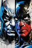 Placeholder: Poster in two gradations, split in half, one side "spiderman", other side "batman", midline of the face, painting by Yoji Shinkawa, solid, tetra and splash colours detailed iridescent, metallic, translucent, dramatic lighting, hyper futuristic, digital art,