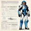 Placeholder: character concept sheet with AD&D statistics and characteristics for the TTPRG "Valerian and Laureline", [illustration by Jean-Claude Mézières (1967)] spacio-temporal agent Kael Dravan (male human), in spacesuit, ready to drive a spaceship