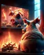 Placeholder: fire font realistic gamer pig watching movie about mushrooms cinema in the background