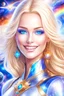 Placeholder: cosmic woman smile, admiral from the future, one fine whole face, crystalline skin, expressive blue eyes,rainbow, smiling lips, very nice smile, costume pleiadian, Beautiful tall woman pleiadian Galactic commander, ship, perfect datailed golden galactic suit, high rank, long blond hair, hand whit five perfect detailed finger, amazing big blue eyes, smilling mouth, high drfinition lips, cosmic happiness, bright colors, blue, pink, gold, jewels, realist, high commander