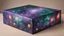 Placeholder: a box 10 cm long by 5 cm wide and 25 cm high, drawn on a box on all sides, space, tress, planets, butterfly nebula, crow, purple, green and red, realistic