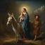 Placeholder: an extremely realistic photograph of a man holding the lead of a donkey and a pregnant Virgin Mary sitting on the back of the donkey , Joseph standing beside the donkey, traveling to Bethlehem as in the Bible , in semi darkness with above a comet that sheds its beam in the distance , (Rembrandt Lighting), zeiss lens, ultra realistic, (high detailed skin:1.2), 8k uhd, dslr, Dramatic Rim light, high quality, Fujifilm XT3