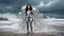 Placeholder: Wide-angle shot of a woman, standing to one side on a beach with huge waves, with dark hair in a silver robotic catsuit, many large jellyfish shaped like mushrooms with tentacles floating in the air, masterpiece, best quality, super detailed