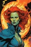 Placeholder: create an imaginative print illustration of an female, crudely dressed Nordic sorceress with finely detailed facial features, wreathed in a maelstrom of fire, in the comic book art style of Bill Sienkiewicz, Mike Mignola, and Jean Giraud Moebius, finely textured, drawn, colored, and inked