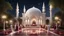 Placeholder: Hyper Realistic people praying outside Beautiful-Decorated-Huge-White-Brick-Mosque with maroon-marble-flooring & Beautiful-Garland-Light-&-Decorations surrounded by a beautiful garden at beautiful dark night with stars on sky