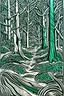 Placeholder: Linocut winding path through woodland