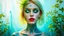 Placeholder: old retro photography, faded vignette, worn and cracked, double exposure, surrealism, blonde humanoid from another world, red lips, half body, greenish blue pale transparent glowing skin, plants growing out of head, tattoo, alien transparent eyes, hyperdetail, double exposure, Anna Razumovskaya, Anna Dittmann, Luis Royo, neo-impressionism, expressionism, oil painting. Vivid, detailed and textured brushstrokes reminiscent of Royo and Peter Coulson. Deep colors and dramatic lighting with cinematic