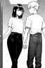 Placeholder: an elegant girl and another dressed in jeans and a T-shirt, line arts, greyscale