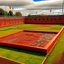 Placeholder: A reddish orange colored mechanical baseball field designed in Maori sculptures painted by Piet Mondrian