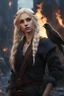 Placeholder: female elf teen, blonde hair, rag clothing, crow on shoulder, black eyes, burning city background, 3d, medieval clothing