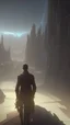 Placeholder: narrow pathway with sci-fi landscape and man looking down