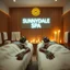 Placeholder: high film grain, photoreal, two male zombies in a luxurious modern spa laying on massage tables, scented candles, modern sign reading "SUNNYDALE SPA", teak wood walls, white terrycloth towels