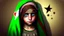 Placeholder: A girl wearing a Palestinian dress with tears in her eyes Her eye color is green Its color is brown Carrying the Palestinian flag