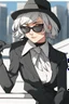 Placeholder: manga, anime, drawing, art, cartoon, perfect body, perfect hands, perfect face, perfect eyes, perfect arms, perfect cowboy hat, mafia woman, female mafia,, short hair pixie cut shaved side, black suit and tie, sunglasses, badass, cool, attractive