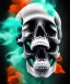 Placeholder: realistic skull. watercolor and ink. black background. smoke and explode. particles in air. teal and orange