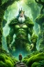Placeholder: A giant rising king kicking his eyes are huge and wise, he has a sleepy expression ,his body overgrown with moss and vegetation, looking at small human ,as seen from behind the human,lush phantasy setting, fantastical world build, immaculate resolution, immaculate details,8K quality, animals frolic around