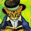 Placeholder: oil portrait of a cat with hat reading a book and smoking with wooden tobacco pipe by Van Gogh