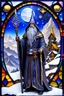 Placeholder: 3D embossed textured ethereal image; bleak, dismal style, midnight hues, black, blue, purple, copper, yellow, gold, silver; celestial wizard hermit with a detailed, wizened old face and an ornate staff stands on a snowy cliff gazing across a celestial valley at a faraway village; stained glass, agate with silver foil highlights, snowflakes, sparkles, full moon, nebula sky, stars, pearls, shooting stars, sequins, cut gemstones, beads, glitter, crystals, sharp lines, extreme attention to detail