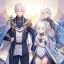 Placeholder: Twins, boy and girl, white hair, silver eyes, royal hall background