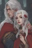 Placeholder: A couple from the dnd game curse of Strahd kissing. She has white hair he has long black hair.