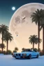 Placeholder: 1980's aesthetic vaporwave palm trees with lighting with moon with bmw in the winter snow