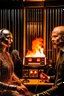 Placeholder: Two radio hosts are face to face in a burning radio studio. The host on the left is a bald human metal fan. The host on the right is a ridiculous robot.