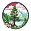 Placeholder: Rhododendron branch, Cedar tree, mountain river, vector emblem