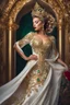 Placeholder: Photography Queen wearing a magical gown of swirly flowing marble water gold filigree curlicues, flowering flowers, bloom, sparkle, ornamental gilt, diamonds, rubies, emeralds, sapphires, beautiful, delicate, intricate, elegant, graceful, shiny, Hyperrealism, Rococo, expressive, spherical, zoom out, volumetric lighting