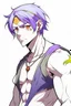 Placeholder: Anime man side character with magnetic abilities, too small muscles, aged 23, purple hair