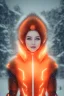 Placeholder: portrait of a beautiful girl, wearing glowing orange armor, futuristic armor, natural posture, nice smile, snowy mountain background, snow, fur cloak