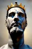 Placeholder: Ultra Realistic image, Roman sculpture, white marble material, Lionel Messi, gold crown of thorns, god crown, baroque ornaments, sun rays background, waist up portrait, epic, celestial, cinematic lighting, God lights, 4k resolution, smooth details, soft lighting, unreal engine 5, art station, substance 3d.