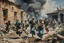 Placeholder: A painting of civilians escaping a warzone. Painted in monnet style