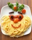 Placeholder: Made a craft a face made by spaghetti and vegetables toping sauce