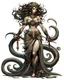 Placeholder: full-length, detailed persona, sword in hand, gorgon medusa, from the back, half-turn, full-length, leans on one leg, snakes on the head instead of hair