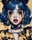 Placeholder: Poster in two gradually, a one side malevolent goth vampire girl face and other side the Singer Melanie Martinez face, painting by Yoji Shinkawa, darkblue and gold tones,