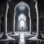 Placeholder: Hyper Realistic White Crystals Inside a Dark Abandoned Mosque with beautifully crafted pillars at Rainy night