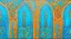 Placeholder: semi-abstract painting, triptych with 3 gothic_arab gates in blue, turquoise and orange