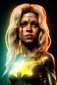 Placeholder: portrait, Shakira, blonde, angry, Realistic image, superhero, watchmen style, gold make-up, blood, sweat, fog, goddess style, Neon colors, leds. Black background, photo studio, concept art, smooth, unreal engine 5, god lights, ray tracing, RTX, lumen lighting, ultra detail, volumetric lighting, 3d, finely drawn, high definition, 4k.