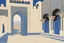 Placeholder: an open gothic_Arab gate in a blue-tiled wall with a view of an old city by artist "Beardsley",by artist "Rackham",by artist "Bertha Lum",by artist "Dulac",by artist "Erte"