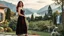 Placeholder: image of a very beautiful lady with beautiful velvet midi dark cian, lace skirt and pretty same material top with curvy hair high heels standing in a nice villa yard with trees flowers ,in country side in floor of beautiful mountains ,sea with ships ,water falls,16 by 9