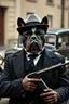 Placeholder: Portrait of a black bulldog dark skin male, he is wearing a black and white classic hat and a black suit with white papillon looks like the Chicago gangster of 1900 with machine gun , behind him in the background a black classic car of 1924