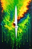 Placeholder: Surfing the time knife directing machine elves using your hands to send fractal energy machine elves between creation and destruction like a DNA strand" in Jorn’s raw, gestural style. The jagged, white-hot time knife slicing through the canvas creates a dynamic focal point, symbolizing the relentless march of time. The division between creation (organic, dripping greens, yellows, and blues) and destruction (fiery, scratched reds, oranges, and blacks) sets up a cosmic tension, while the neon frac