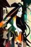 Placeholder: Neo Surrealism, whimsical art, Analytical Cubism Illustration Design a perfect pretty girl, black long hair, Split-Complementary color guide, Plasma Energy Texture, abstract background, girl, Pose with movement, often for geometric deconstruction, monochromatic palette, or fragmented forms.