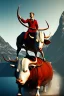 Placeholder: norwegian man on bull, 4k, trending art, weird perspective, mirrors, water, realism