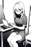 Placeholder: girl with glasses works on a laptop sitting in a cafe, line arts, greyscale