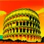 Placeholder: A yellowish orange colored mythical coliseum in the sky painted by Andy Warhol