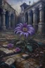 Placeholder: Oil painting of a purple flower amid withered and dead flowers in an abandoned garden in an abandoned palace in the ancient era