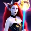 Placeholder: Attractive teenage girl with fire red hair, who is dressed like a witch casting a spell with a quarterstaff on the moon, she has cat ears and open dazzling blue eyes, has a normal nose, background is realistic space, the girl is on a planet, black goth girl dress, full body portrait, arm colors gradient effect into stars, rendered, unity 3d, unreal engine, dslr, hdr, 4k, edited, photorealistic, normal number of appendages, freckles, artists rendered,